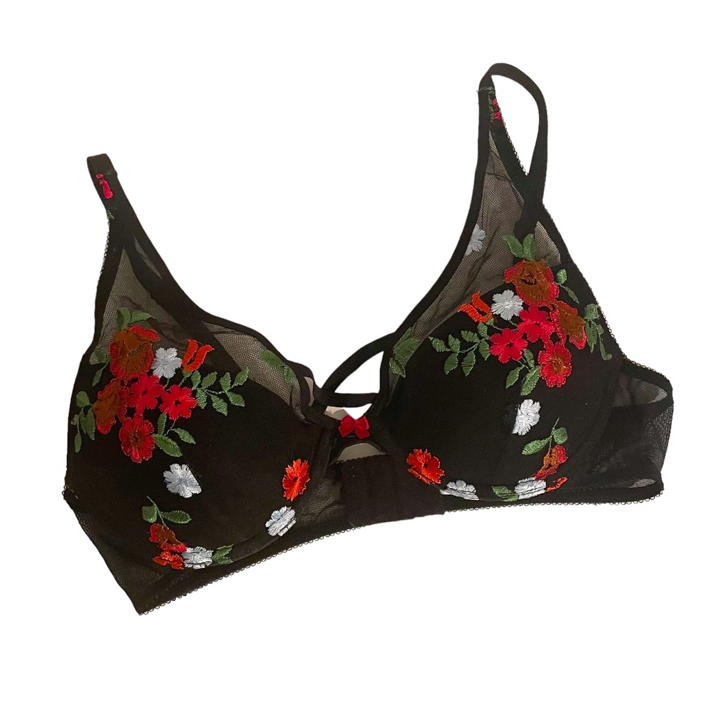 Saki Silver NWOT Floral Embroidered‎ Sheer Padded Bra Size S